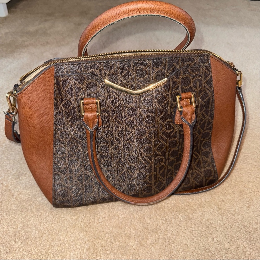 Calvin Klein Structured Saffiano Faux Leather Graphic Logo Handbag